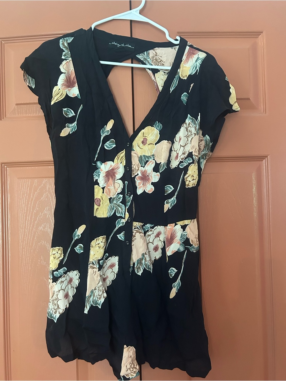 Black Floral V-Neck Romper with Yellow & Cream Blooms